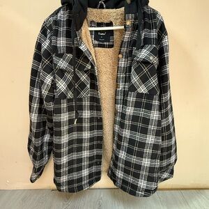 Black & White Plaid Sherpa-Lined Hooded Jacket